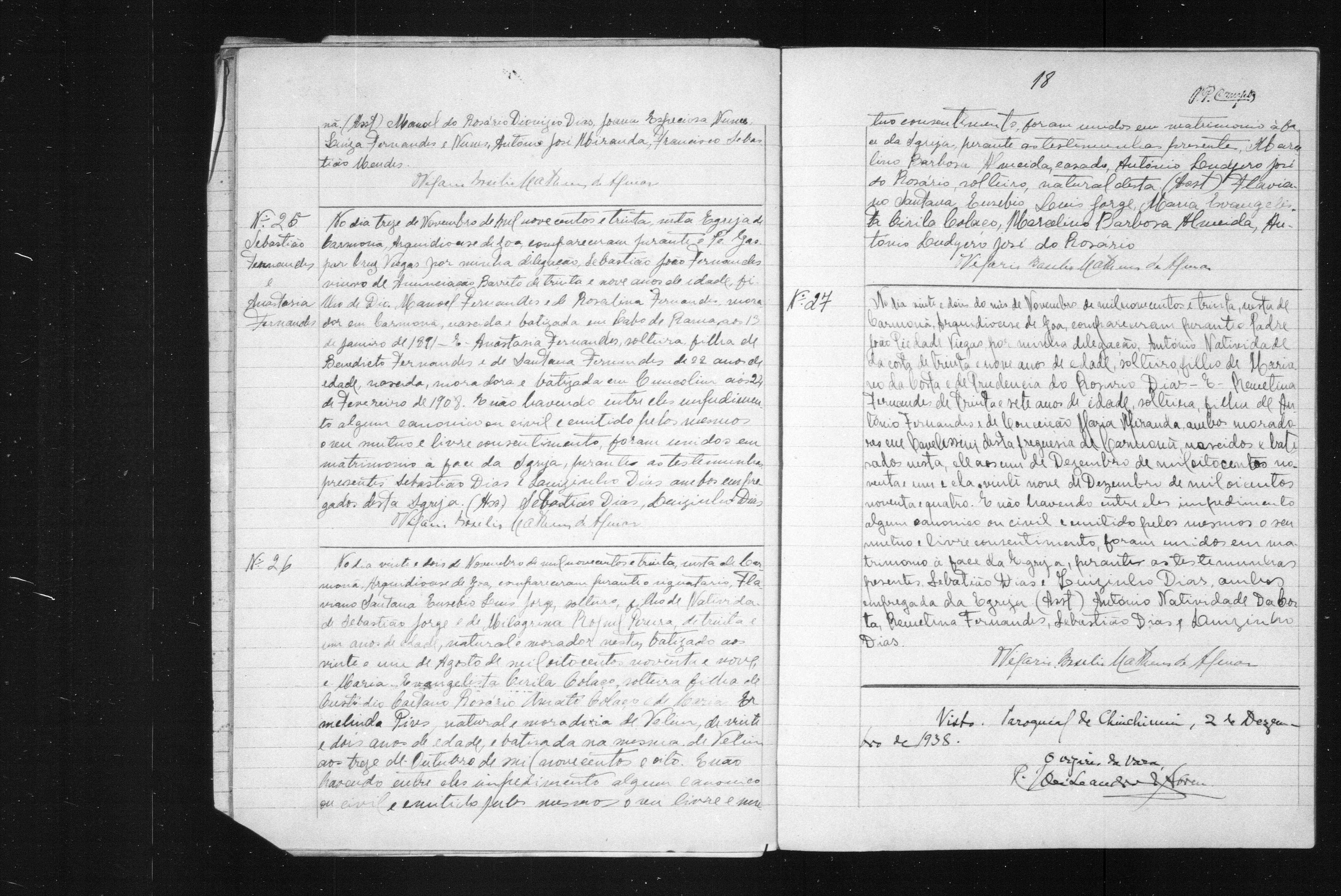 A handwritten page of the parish marriage register of Carmona, Goa, November 1930